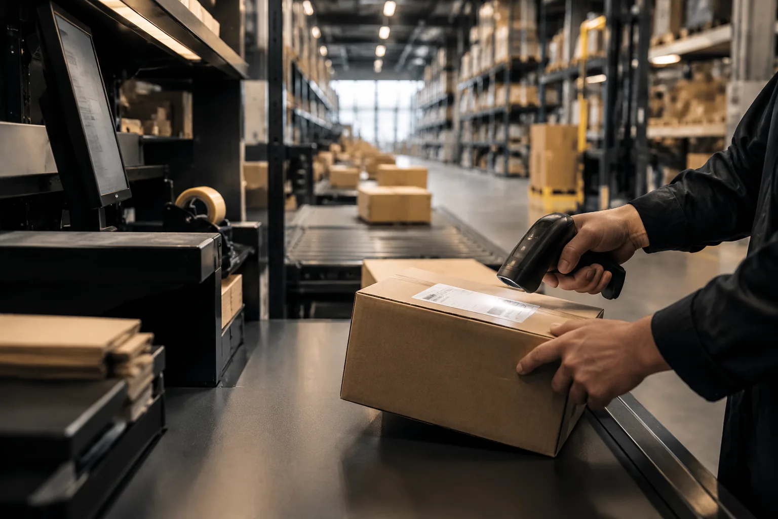Worker scanning a parcel at a packing station