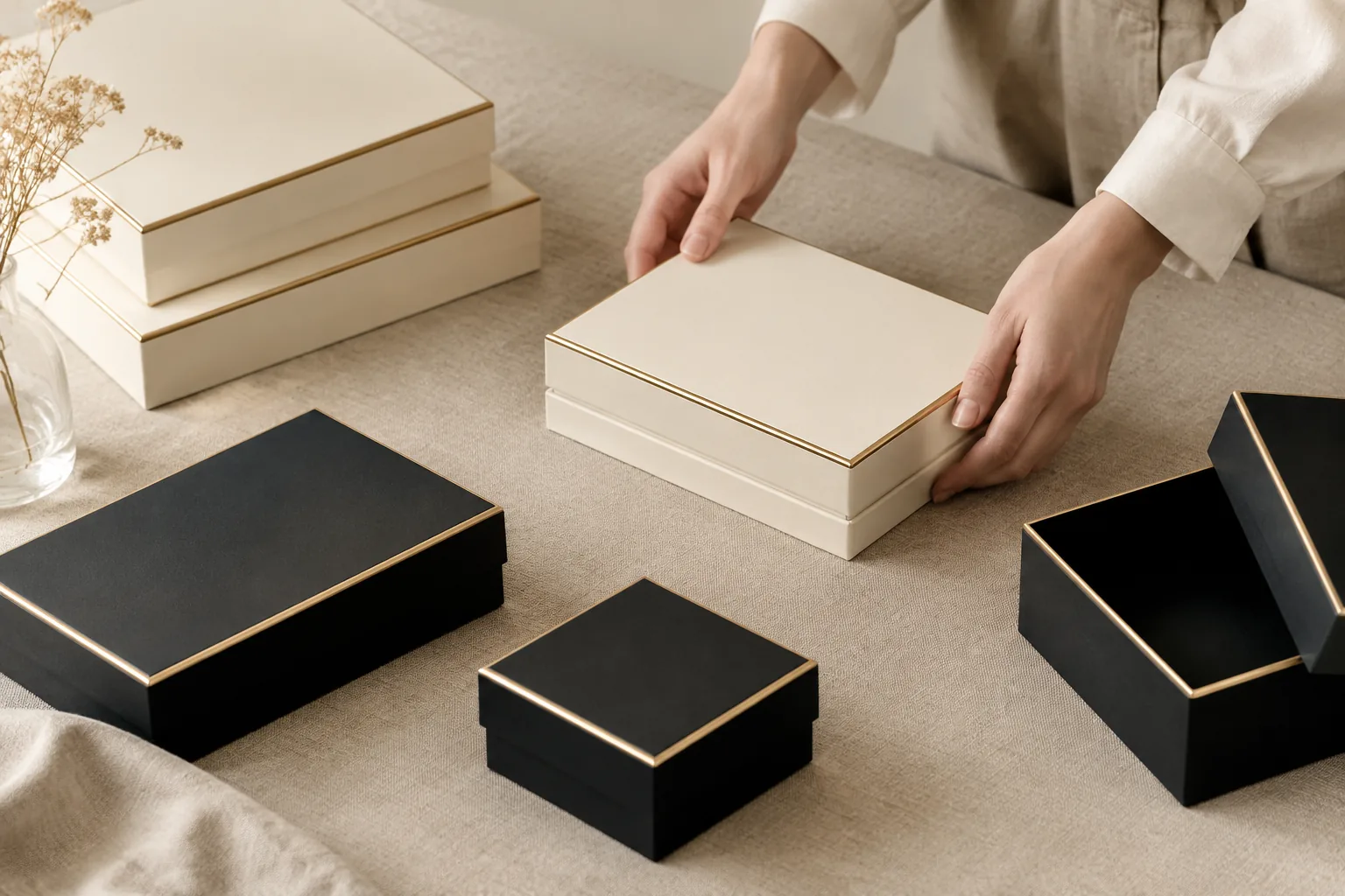 Blank cream and black boxes with gold foil edges