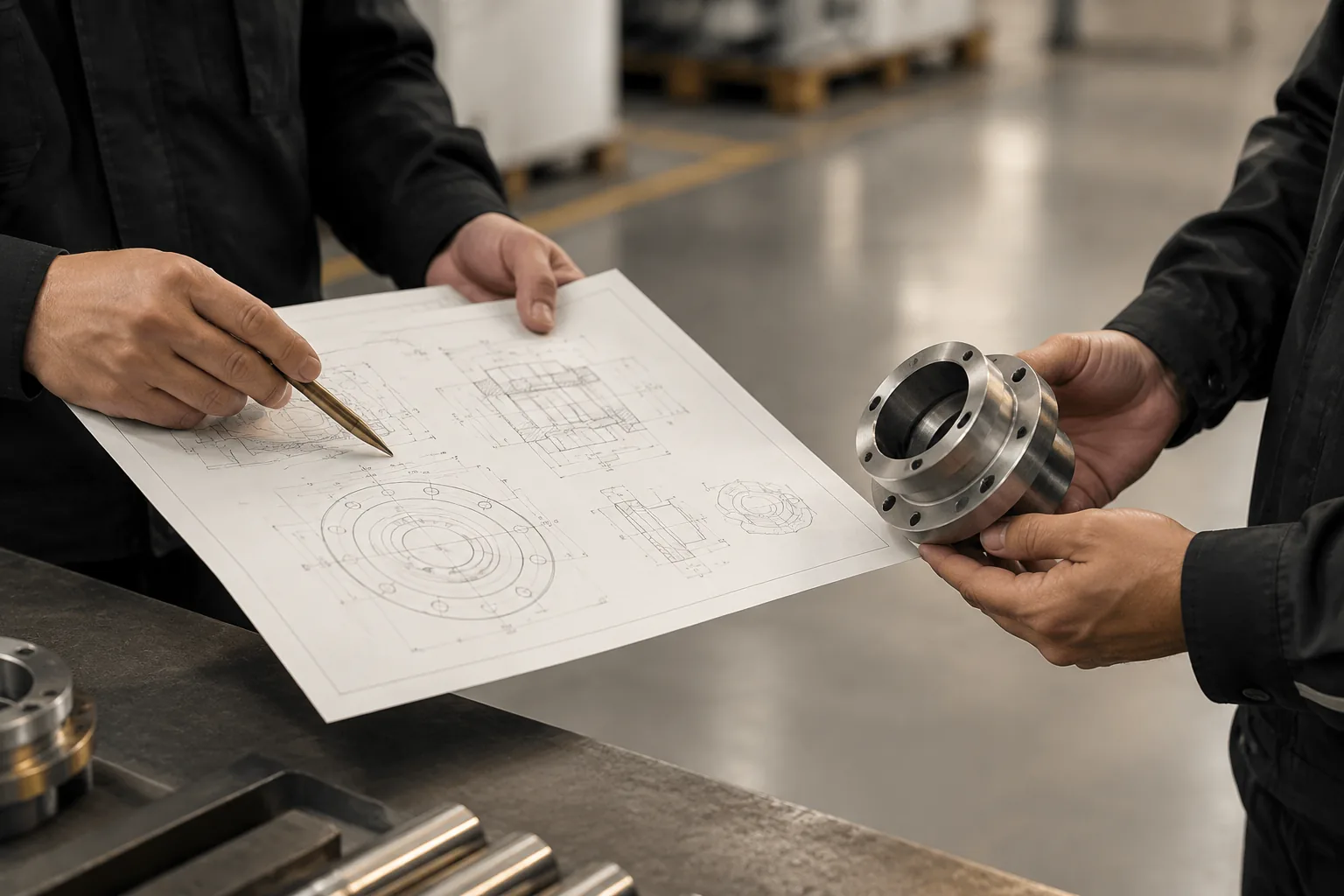 Engineers reviewing a technical drawing with a sample part