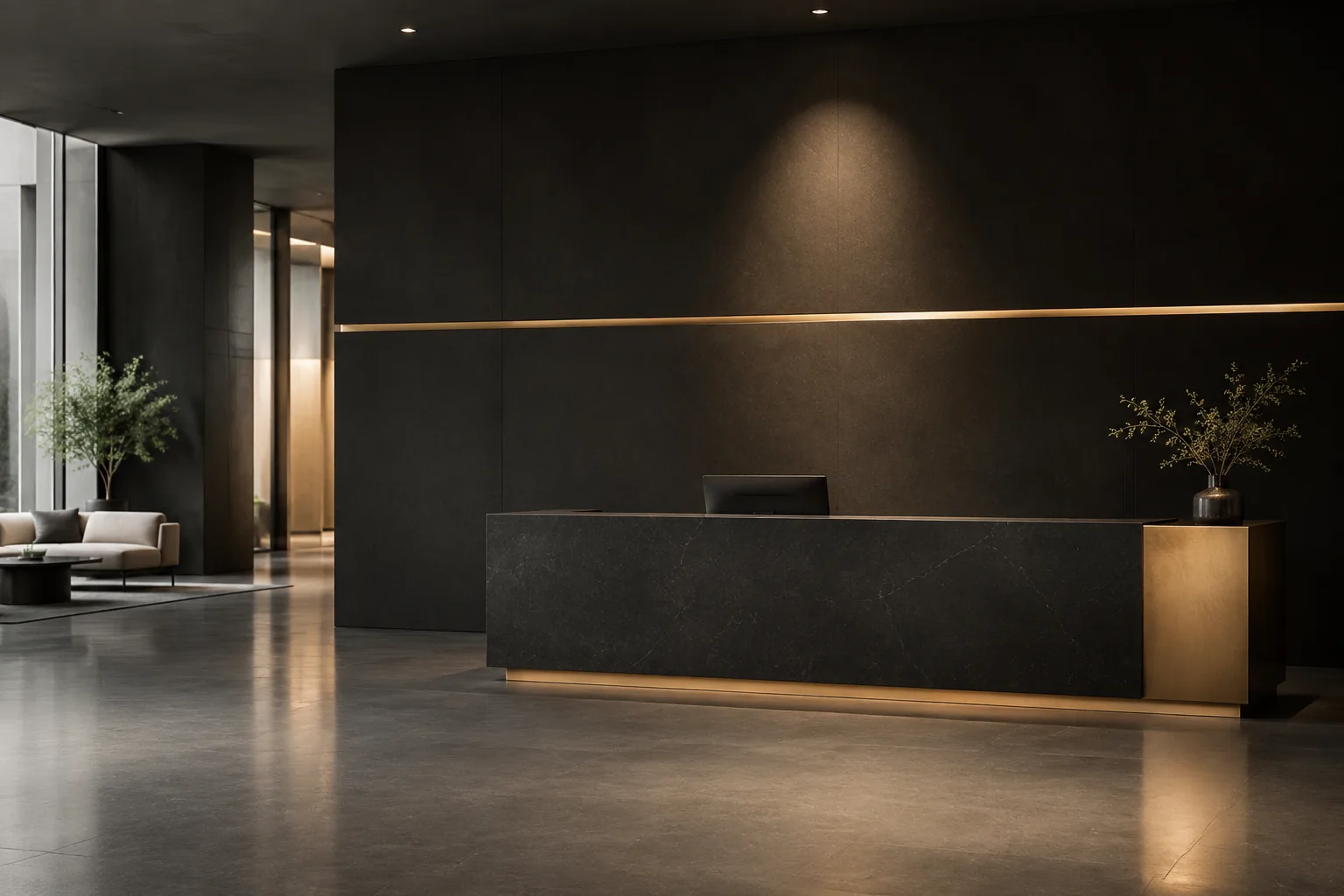 Minimal reception desk with a warm brass accent