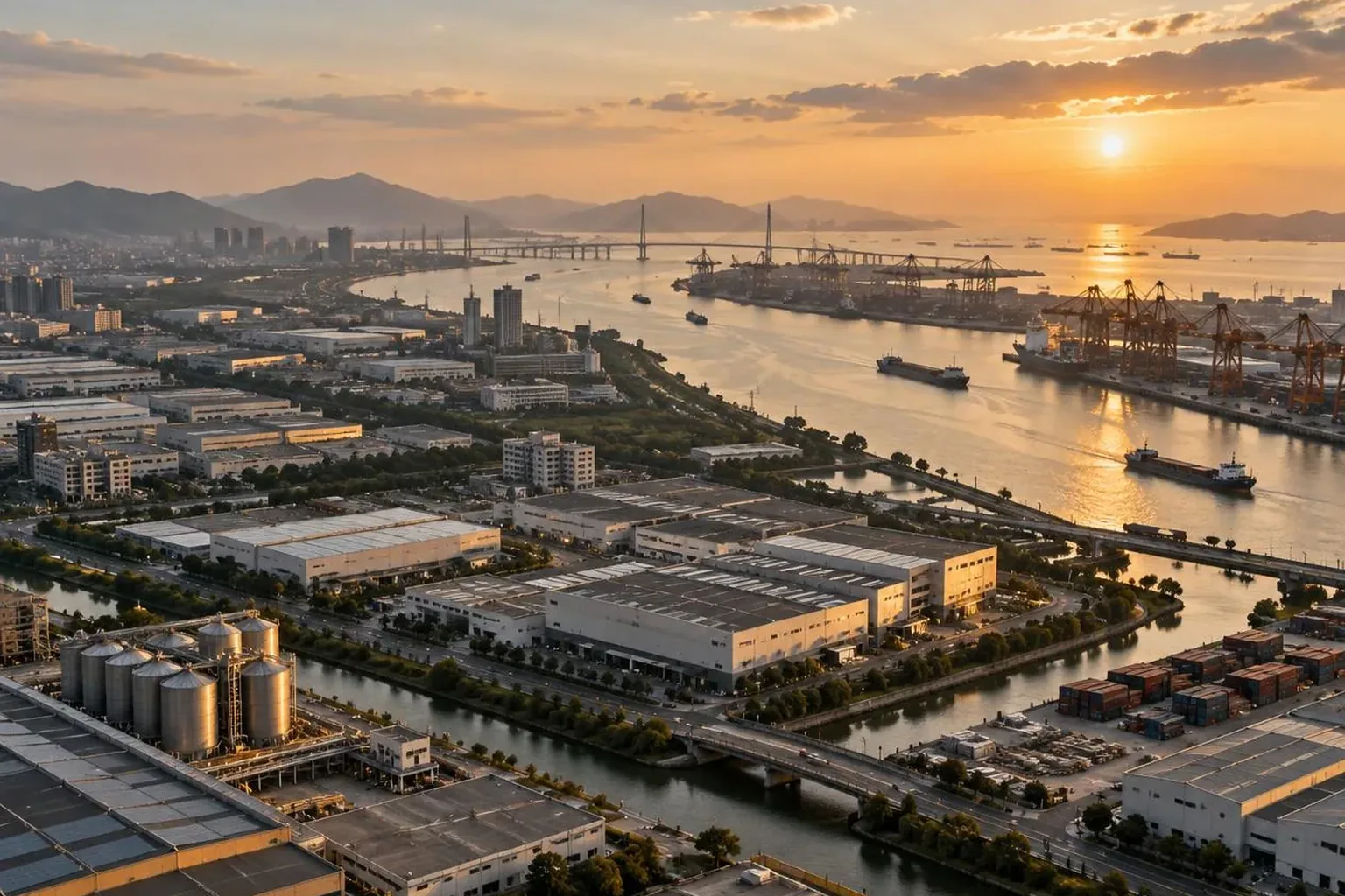 Aerial view of a Chinese coastal manufacturing city at golden hour